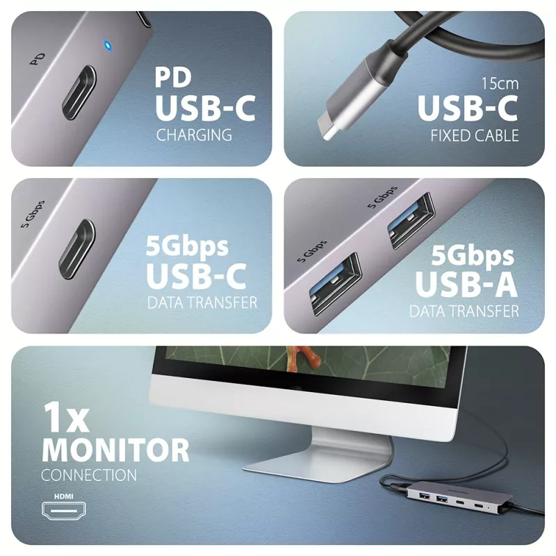 Axagon HMC-5H60 USB 5Gbps hub, 2x USB-A, 1x USB-C, HDMI 4k/60Hz, PD 100W, USB-C kábel