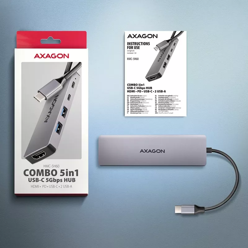 Axagon HMC-5H60 USB 5Gbps hub, 2x USB-A, 1x USB-C, HDMI 4k/60Hz, PD 100W, USB-C kábel