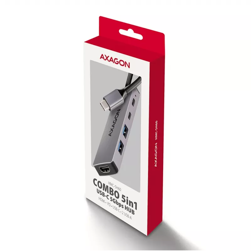 Axagon HMC-5H60 USB 5Gbps hub, 2x USB-A, 1x USB-C, HDMI 4k/60Hz, PD 100W, USB-C kábel