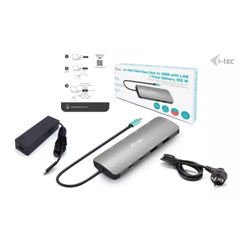 i-tec Metal USB-C Nano 2x Display dokovacia stanica s PD 100 W + nabíjačka 100W