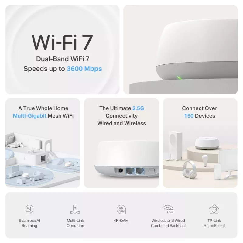 Mesh systém TP-Link BE3600 dvojpásmový Wi‑Fi 7 (802.11be), 2882 Mbit/s, 2× LAN, 2,4/5 GHz, balenie 2 ks