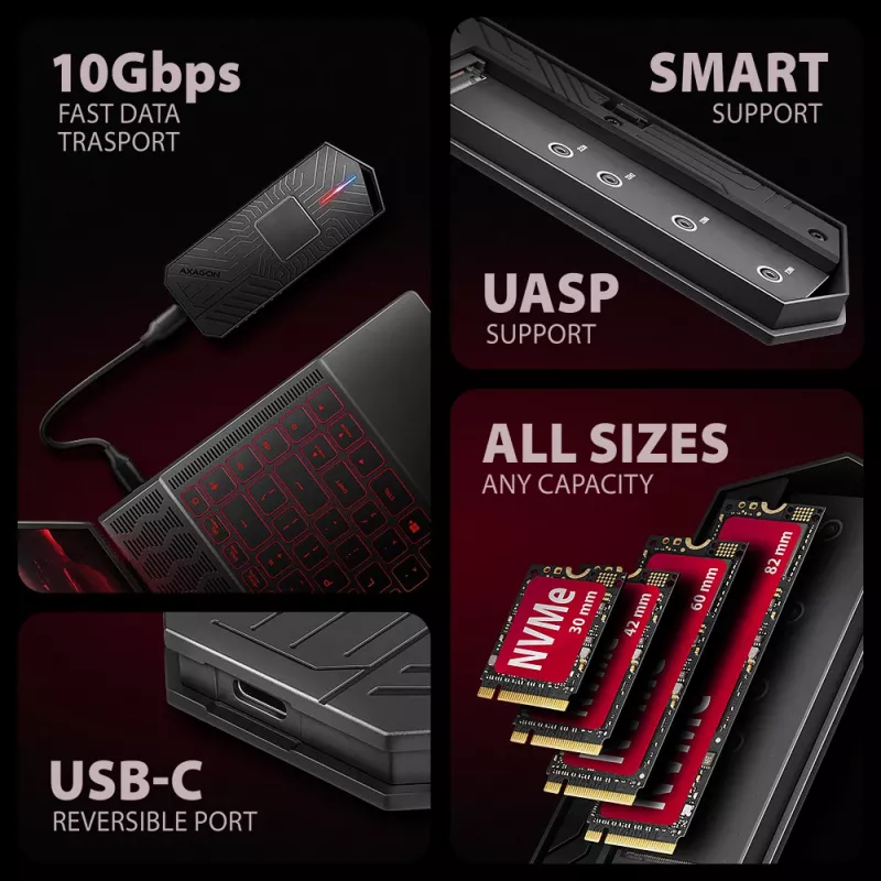 Axagon EEM2-GAM externé USB-C 10Gbps kovové puzdro pre M.2 NVMe a SATA SSD. Bez skrutiek