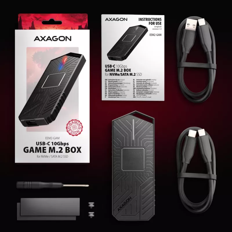 Axagon EEM2-GAM externé USB-C 10Gbps kovové puzdro pre M.2 NVMe a SATA SSD. Bez skrutiek