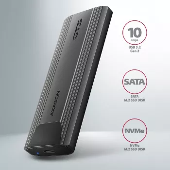 Axagon EEM2-GTS2 externé USB-C 10 Gbit/s kovové puzdro pre M.2 NVMe a SATA SSD disky. Bez skrutiek
