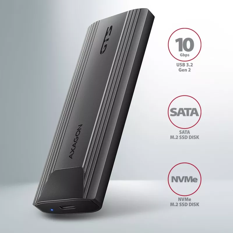 Axagon EEM2-GTS2 externé USB-C 10 Gbit/s kovové puzdro pre M.2 NVMe a SATA SSD disky. Bez skrutiek