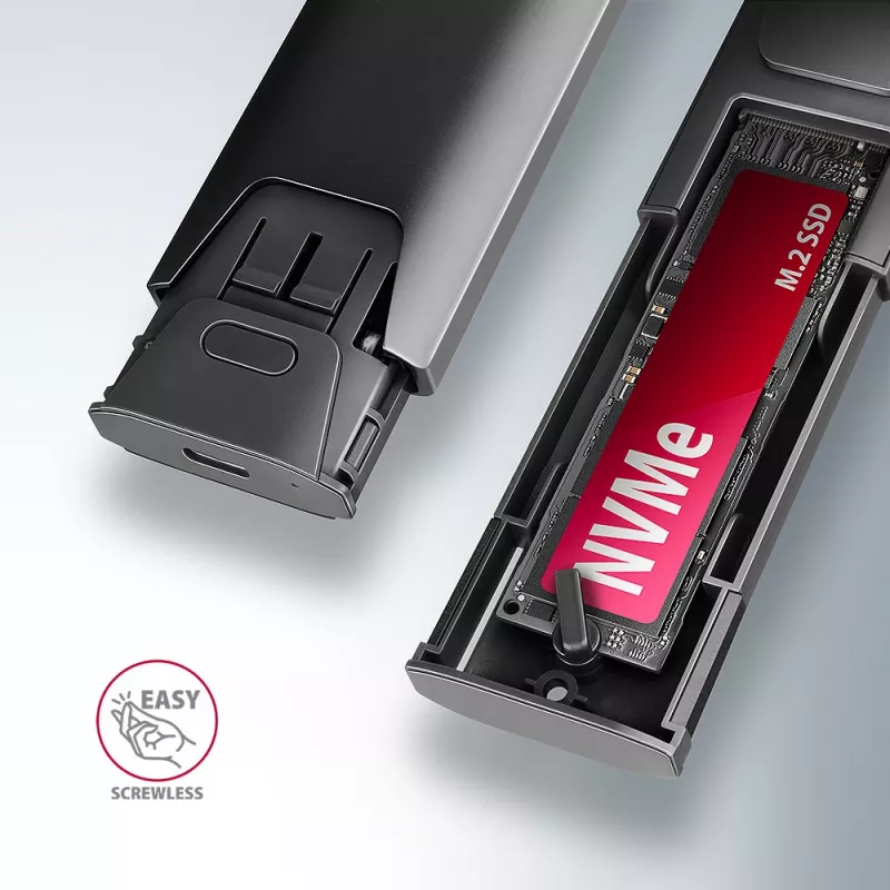 Axagon EEM2-GTS2 externé USB-C 10 Gbit/s kovové puzdro pre M.2 NVMe a SATA SSD disky. Bez skrutiek