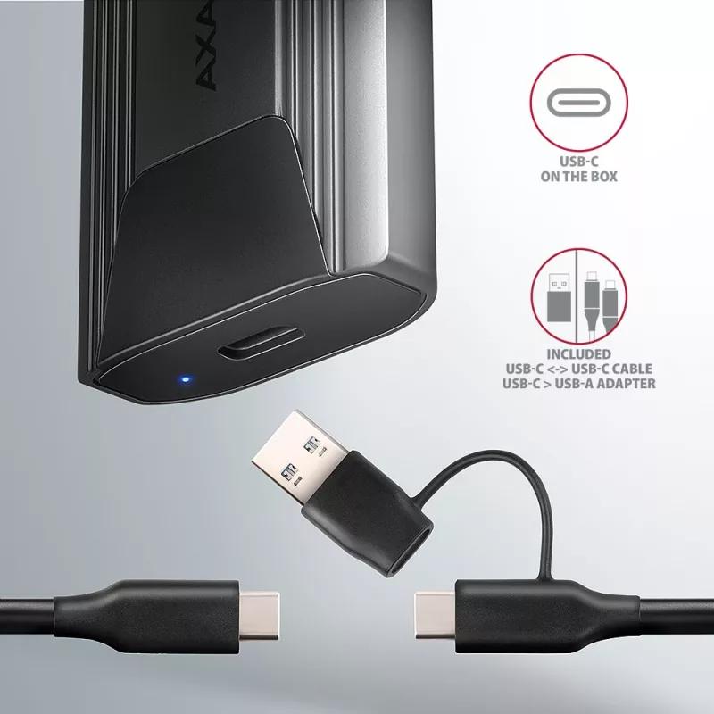 Axagon EEM2-GTS2 externé USB-C 10 Gbit/s kovové puzdro pre M.2 NVMe a SATA SSD disky. Bez skrutiek