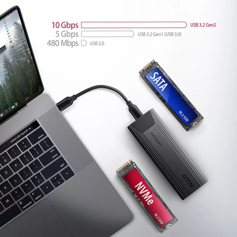 Axagon EEM2-GTS2 externé USB-C 10 Gbit/s kovové puzdro pre M.2 NVMe a SATA SSD disky. Bez skrutiek