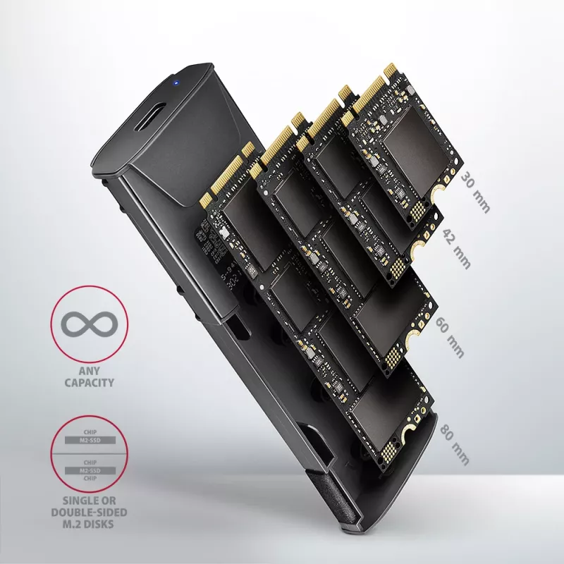 Axagon EEM2-GTS2 externé USB-C 10 Gbit/s kovové puzdro pre M.2 NVMe a SATA SSD disky. Bez skrutiek