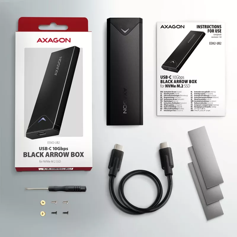 Axagon EEM2-UB2 externé USB-C 10Gbps kovové puzdro pre M.2 NVMe SSD disky. Čierna