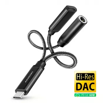 Axagon ADA-HCPD USB-C na 3,5 mm jack – Hi-Res DAC audio adaptér, 384 kHz/32 bit, PD 60 W 3 A