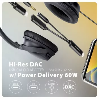 Axagon ADA-HCPD USB-C na 3,5 mm jack – Hi-Res DAC audio adaptér, 384 kHz/32 bit, PD 60 W 3 A