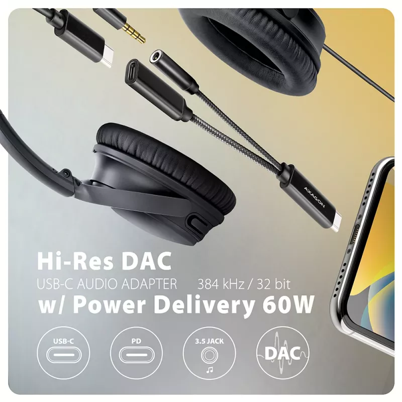 Axagon ADA-HCPD USB-C na 3,5 mm jack – Hi-Res DAC audio adaptér, 384 kHz/32 bit, PD 60 W 3 A