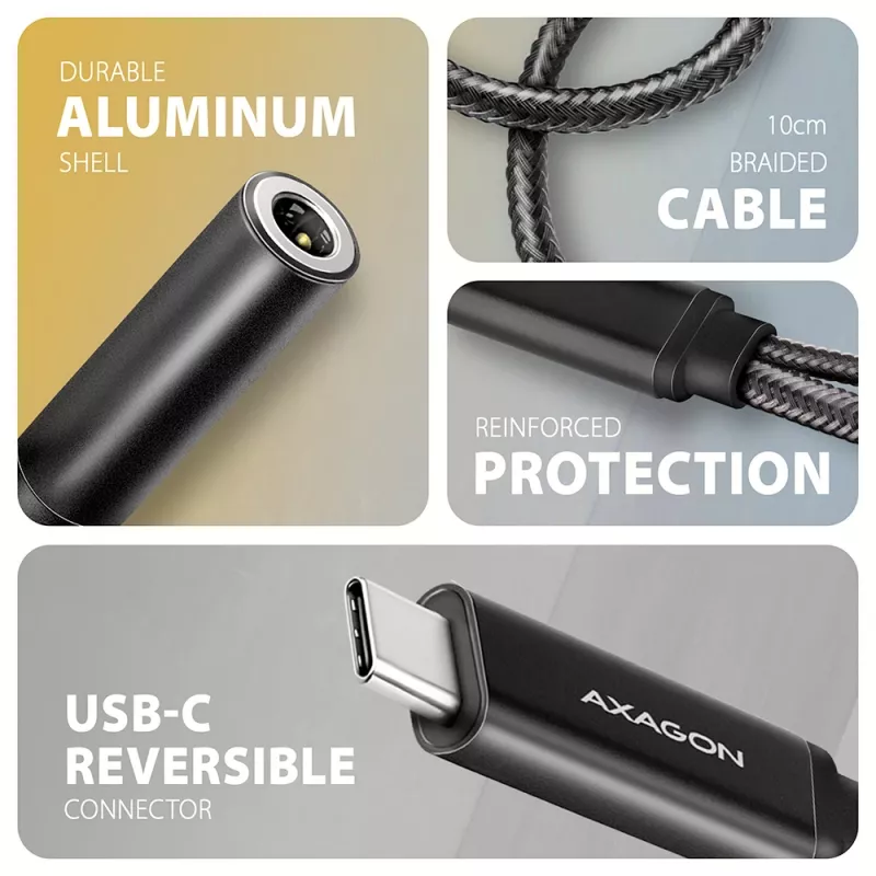 Axagon ADA-HCPD USB-C na 3,5 mm jack – Hi-Res DAC audio adaptér, 384 kHz/32 bit, PD 60 W 3 A