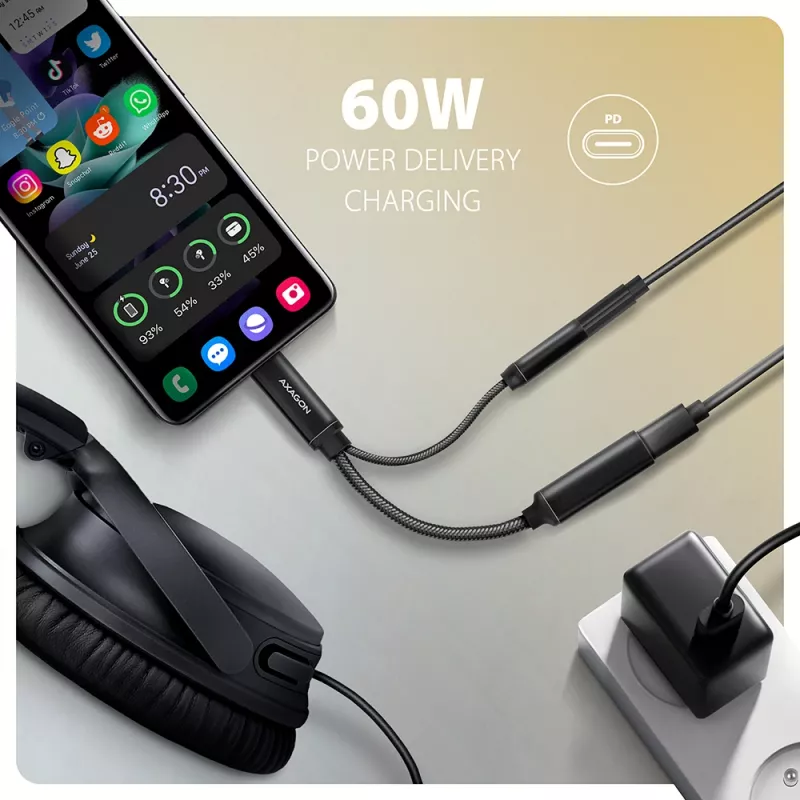 Axagon ADA-HCPD USB-C na 3,5 mm jack – Hi-Res DAC audio adaptér, 384 kHz/32 bit, PD 60 W 3 A