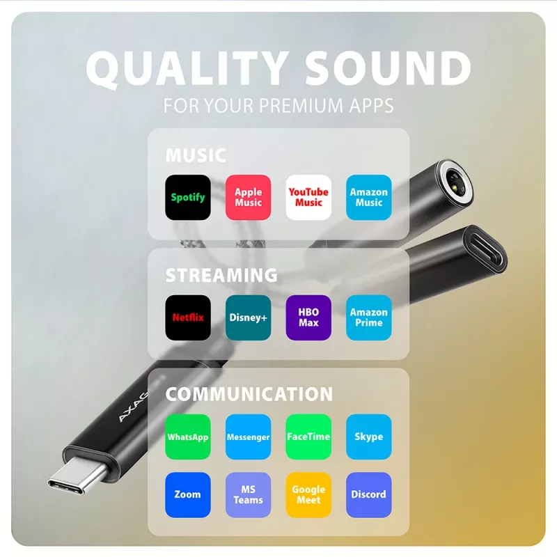 Axagon ADA-HCPD USB-C na 3,5 mm jack – Hi-Res DAC audio adaptér, 384 kHz/32 bit, PD 60 W 3 A
