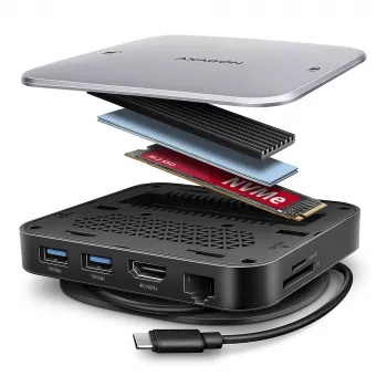 Axagon HMC-UFO USB-C hub M.2 SATA/NVMe 1 Gbit/s Ethernet 384 kHz audio Wired USB 3.2 Gen 2 (3.1 Gen 2) Type-C čierny