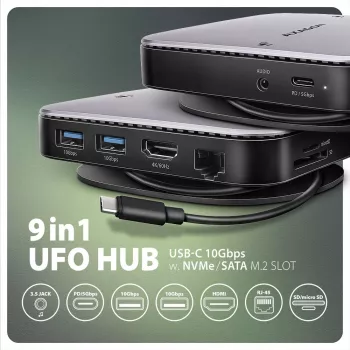 Axagon HMC-UFO USB-C hub M.2 SATA/NVMe 1 Gbit/s Ethernet 384 kHz audio Wired USB 3.2 Gen 2 (3.1 Gen 2) Type-C čierny