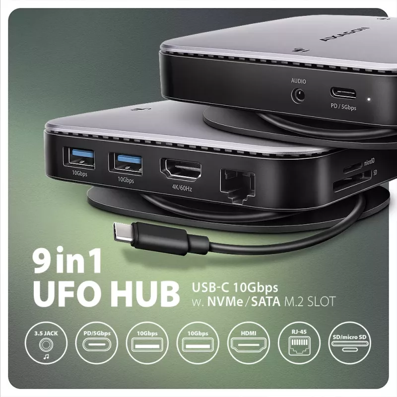 Axagon HMC-UFO USB-C hub M.2 SATA/NVMe 1 Gbit/s Ethernet 384 kHz audio Wired USB 3.2 Gen 2 (3.1 Gen 2) Type-C čierny