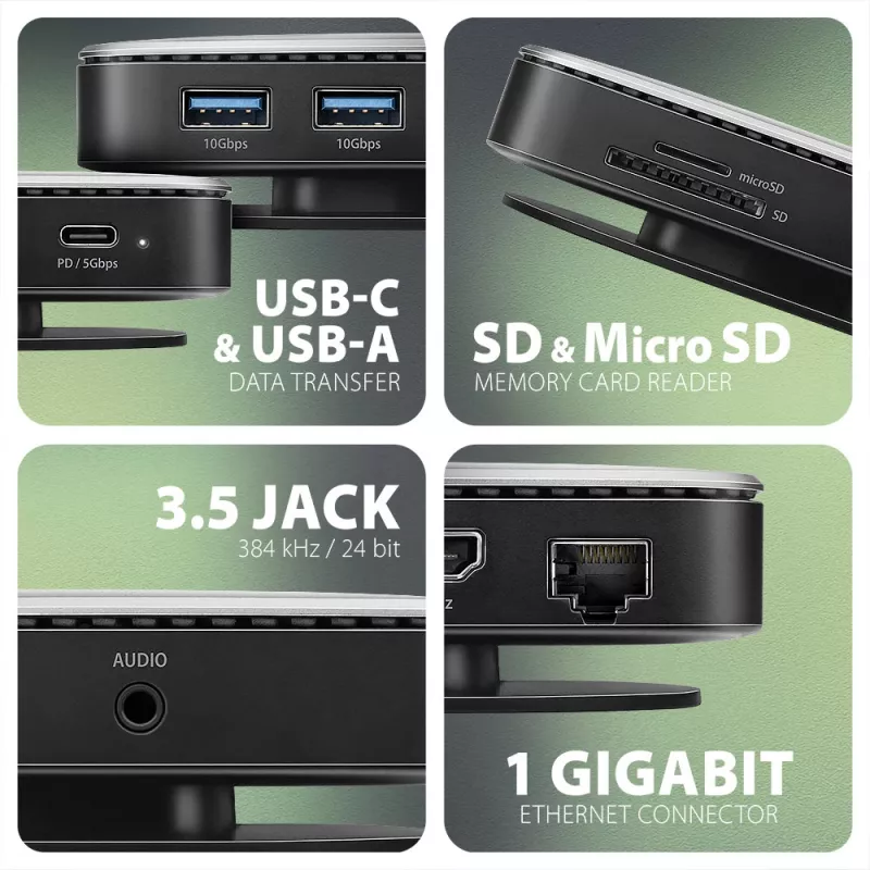 Axagon HMC-UFO USB-C hub M.2 SATA/NVMe 1 Gbit/s Ethernet 384 kHz audio Wired USB 3.2 Gen 2 (3.1 Gen 2) Type-C čierny