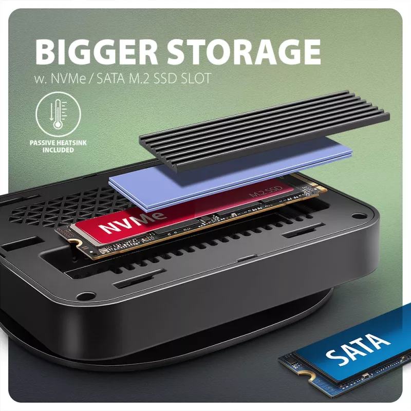 Axagon HMC-UFO USB-C hub M.2 SATA/NVMe 1 Gbit/s Ethernet 384 kHz audio Wired USB 3.2 Gen 2 (3.1 Gen 2) Type-C čierny
