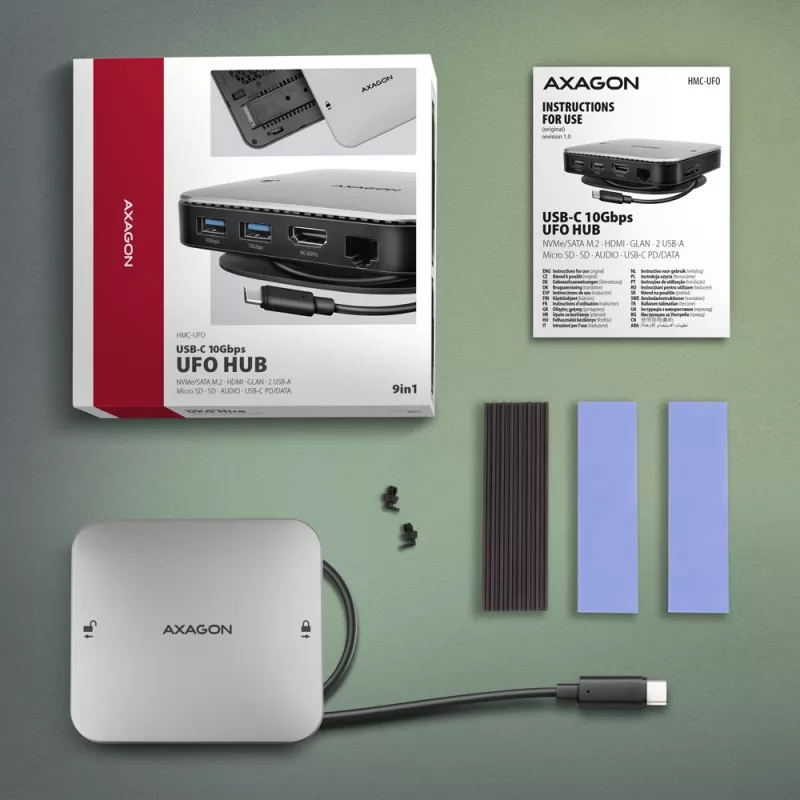 Axagon HMC-UFO USB-C hub M.2 SATA/NVMe 1 Gbit/s Ethernet 384 kHz audio Wired USB 3.2 Gen 2 (3.1 Gen 2) Type-C čierny