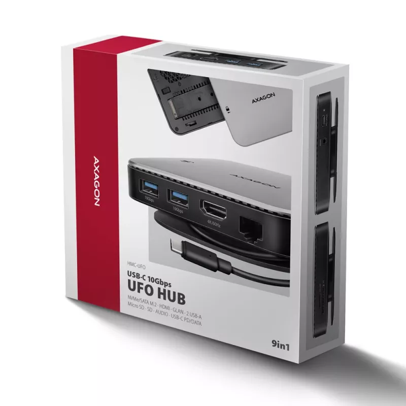 Axagon HMC-UFO USB-C hub M.2 SATA/NVMe 1 Gbit/s Ethernet 384 kHz audio Wired USB 3.2 Gen 2 (3.1 Gen 2) Type-C čierny