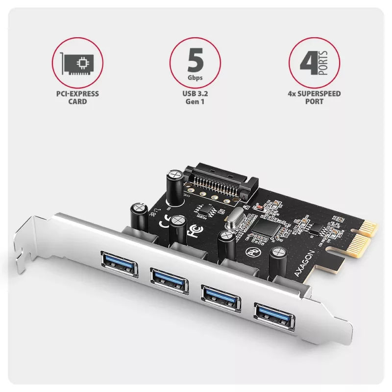 Axagon PCEU-430RS radič PCIe 2.0 x1, 4x externý USB-A 5 Gbps (USB 3.2 Gen 1), Renesas PD720201, UASP, napájanie SATA 15-pin