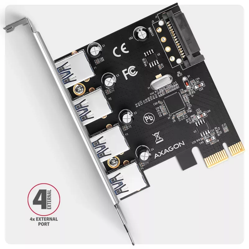 Axagon PCEU-430RS radič PCIe 2.0 x1, 4x externý USB-A 5 Gbps (USB 3.2 Gen 1), Renesas PD720201, UASP, napájanie SATA 15-pin