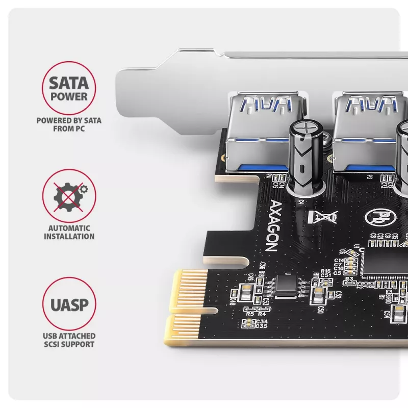 Axagon PCEU-430RS radič PCIe 2.0 x1, 4x externý USB-A 5 Gbps (USB 3.2 Gen 1), Renesas PD720201, UASP, napájanie SATA 15-pin