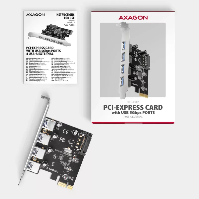 Axagon PCEU-430RS radič PCIe 2.0 x1, 4x externý USB-A 5 Gbps (USB 3.2 Gen 1), Renesas PD720201, UASP, napájanie SATA 15-pin