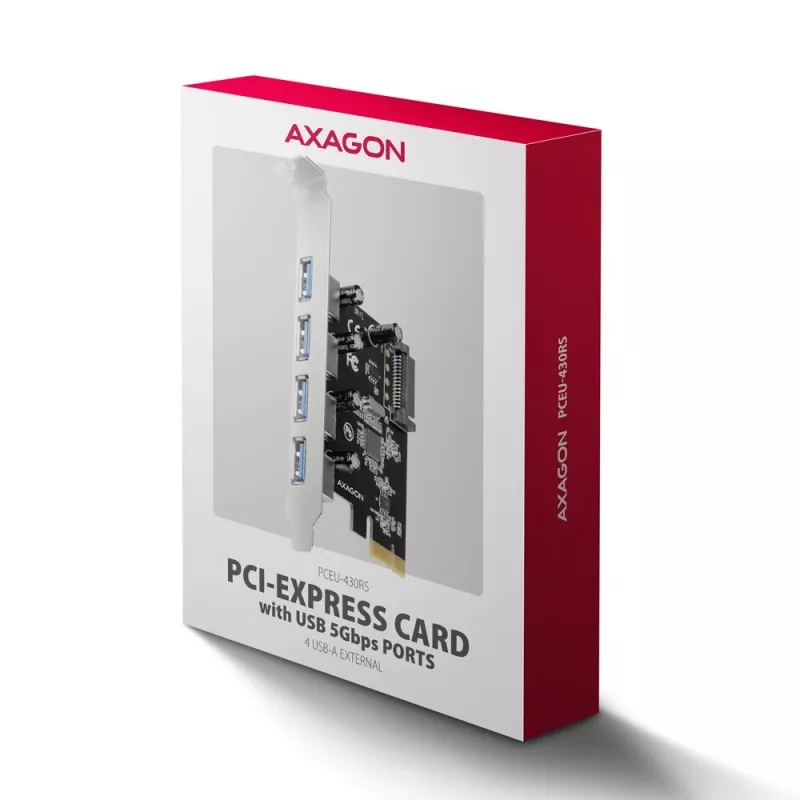 Axagon PCEU-430RS radič PCIe 2.0 x1, 4x externý USB-A 5 Gbps (USB 3.2 Gen 1), Renesas PD720201, UASP, napájanie SATA 15-pin