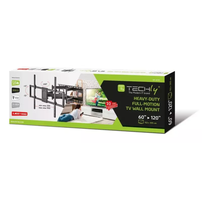 Techly tenký nástenný držiak pre 60-120 palcov LCD LED TV čierny maximálna nosnosť 120 kg