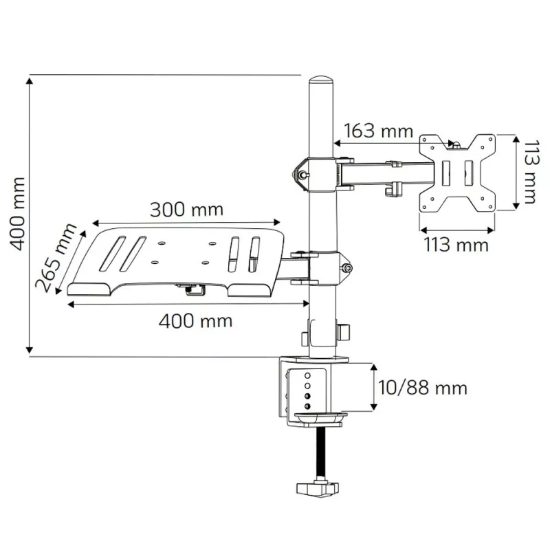 Techly ICA-LCD 174NB stolový držiak monitora s poličkou na notebook, 13–32 palcov (33–81,3 cm), 8 kg, notebook 12–17 palcov, VESA 75x75 / 100x100, čierny