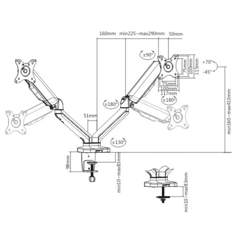Techly ICA-LCD 462B stolový držiak monitora, plynová pružina, 17 – 32 palcov (43,2 – 81,3 cm), 9 kg, VESA 75x75/100x100, čierny