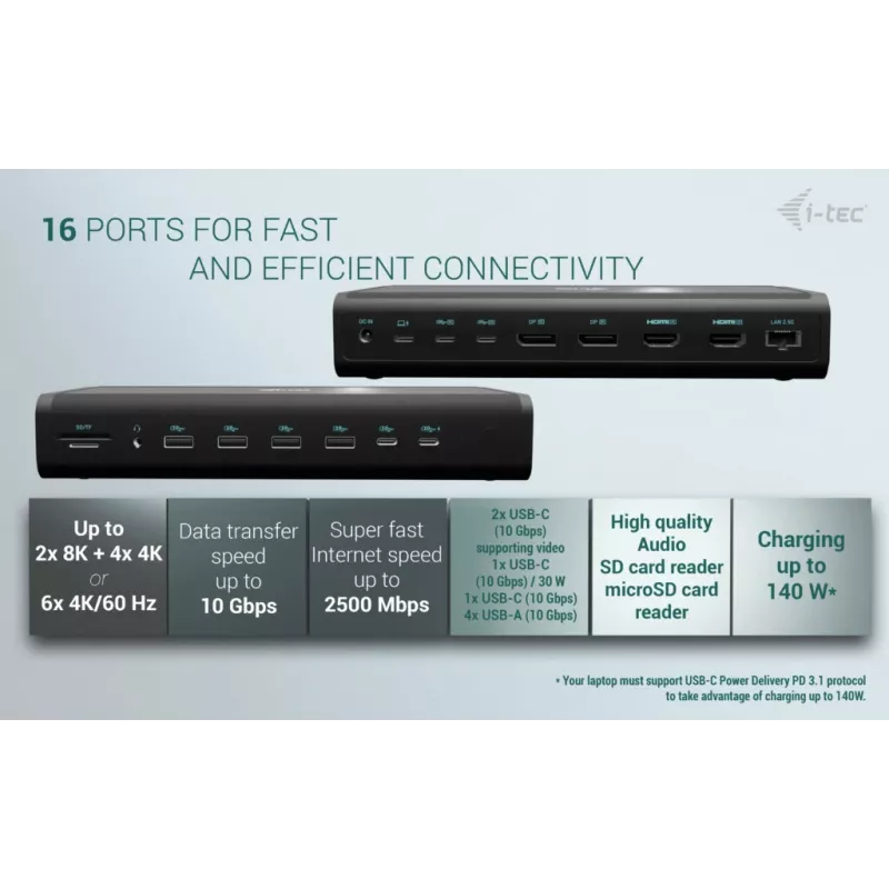 i-tec Universal 6x 4K/60Hz dokovacia stanica + Power Delivery 140W