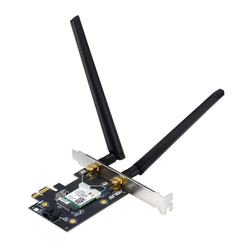 Interný WLAN Bluetooth adaptér ASUS PCE-BE6500 — PCIe, Tri-Band Wi‑Fi 6E/7 (2,4/5/6 GHz), Bluetooth 5.4, 2882 Mbps, externá anténa, čierny