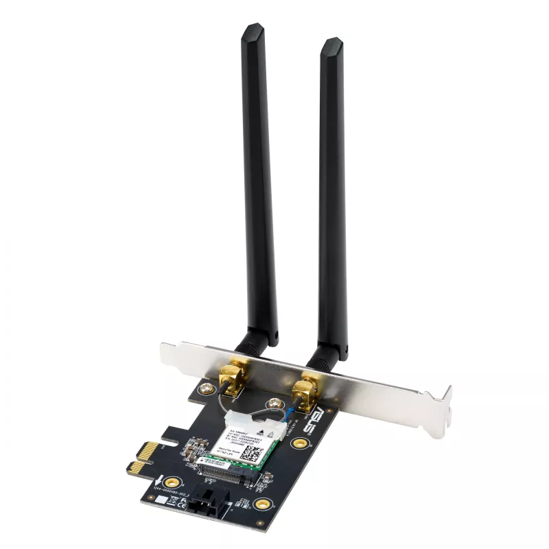 Interný WLAN Bluetooth adaptér ASUS PCE-BE6500 — PCIe, Tri-Band Wi‑Fi 6E/7 (2,4/5/6 GHz), Bluetooth 5.4, 2882 Mbps, externá anténa, čierny