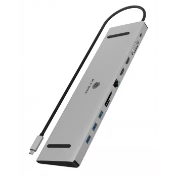 ICY BOX 11-in-1 cez USB Type-C, káblové, USB 3.2 Gen 1 (3.1 Gen 1) Type-C, 100 W, 3,5 mm, 10,100,1000 Mbit/s, antracitový, čierny