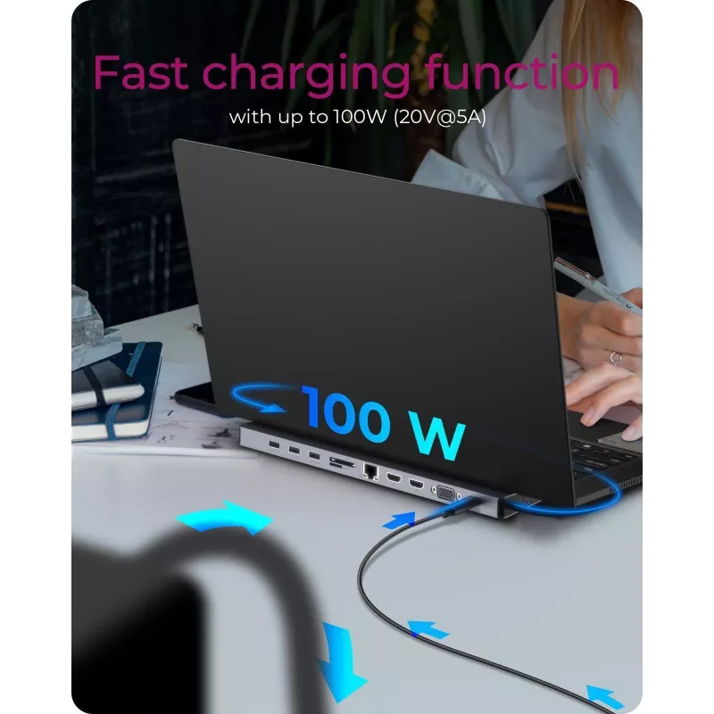 ICY BOX 11-in-1 cez USB Type-C, káblové, USB 3.2 Gen 1 (3.1 Gen 1) Type-C, 100 W, 3,5 mm, 10,100,1000 Mbit/s, antracitový, čierny