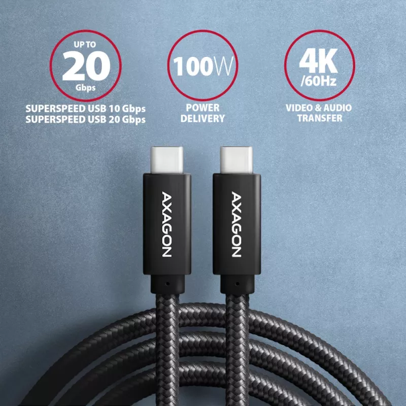 Axagon BUCM32-CM05AB SPEED+ USB-C <> USB 20Gbps/100W kábel 0,5 m