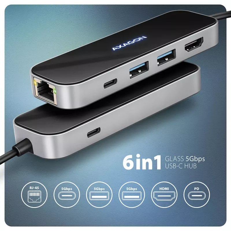 Axagon HMC-6GLN USB 5Gbps hub, 2x USB-A, USB-C, HDMI 4k/60Hz, RJ-45, PD 100W, USB-C kábel