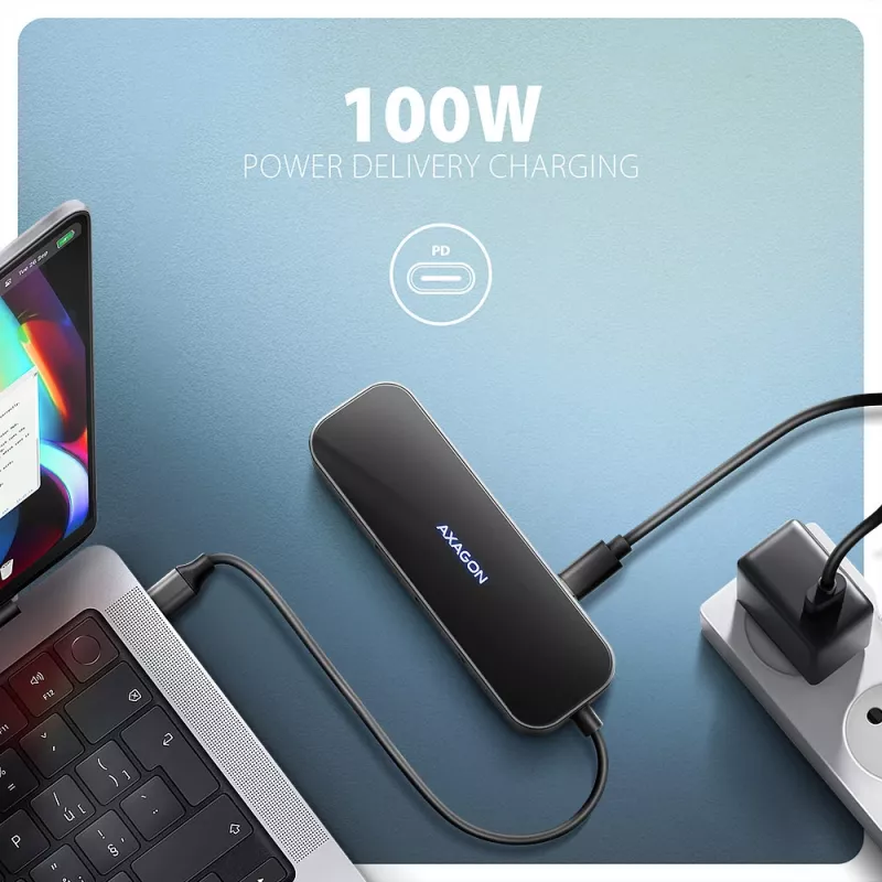 Axagon HMC-6GLN USB 5Gbps hub, 2x USB-A, USB-C, HDMI 4k/60Hz, RJ-45, PD 100W, USB-C kábel