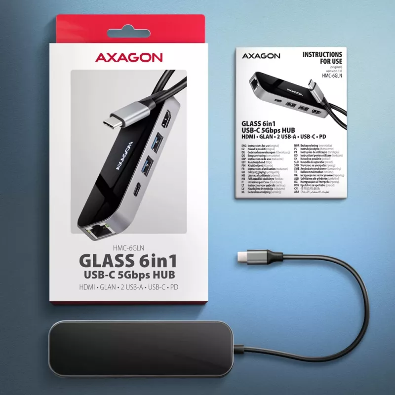 Axagon HMC-6GLN USB 5Gbps hub, 2x USB-A, USB-C, HDMI 4k/60Hz, RJ-45, PD 100W, USB-C kábel
