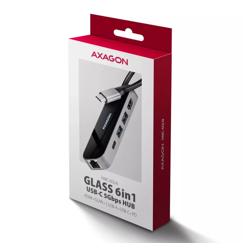 Axagon HMC-6GLN USB 5Gbps hub, 2x USB-A, USB-C, HDMI 4k/60Hz, RJ-45, PD 100W, USB-C kábel
