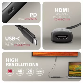 Axagon RVC-HI8KPD, USB-C -> HDMI 2.1 adaptér, 8K/60Hz, 4K/144Hz, HDR10+, PD100W