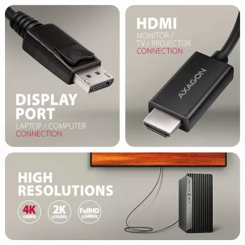 Axagon RVD-HI20C2 DisplayPort -> HDMI 2.0b kábel 1,8 m, 4K/60Hz