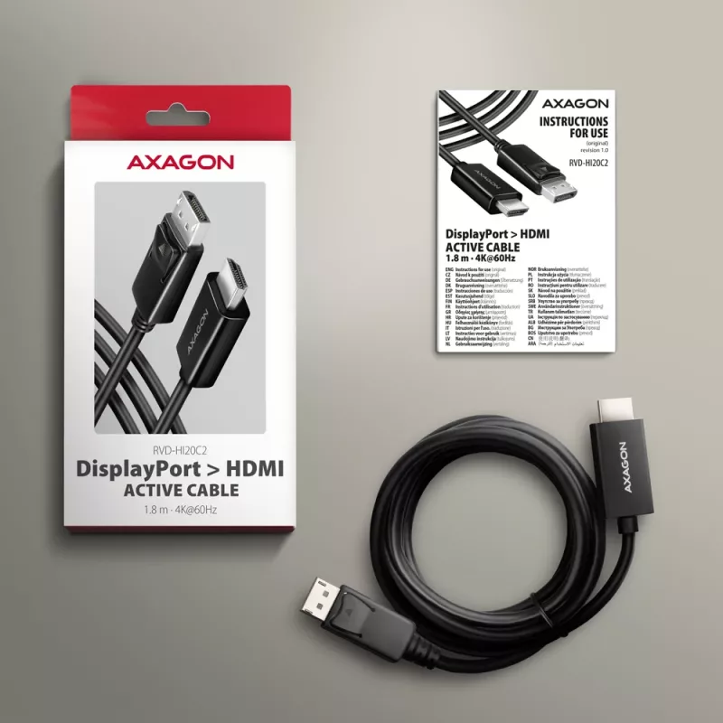 Axagon RVD-HI20C2 DisplayPort -> HDMI 2.0b kábel 1,8 m, 4K/60Hz