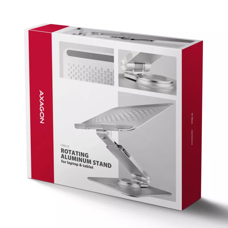 Axagon STND-LR hliníkový stojan s 360° otáčaním pre notebooky 10 inch–17,3 inch. Nastaviteľná výška a sklon.