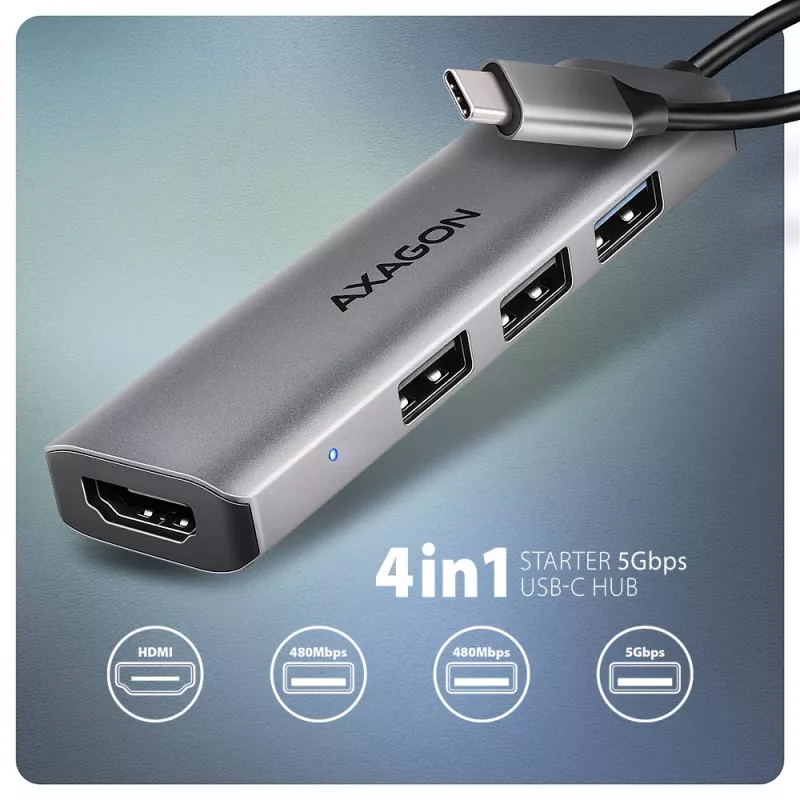 Axagon HMC-H3A USB 5Gbps hub, 3x USB-A, HDMI 4k/30Hz, 15 cm USB-C kábel